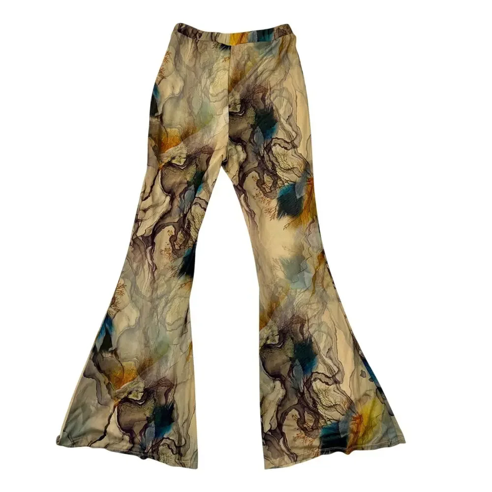 Blanc Abstract Mesh Flare Pants Large Earth Tone Sheer Print Y2K Art Girl Indie - Picture 1 of 14